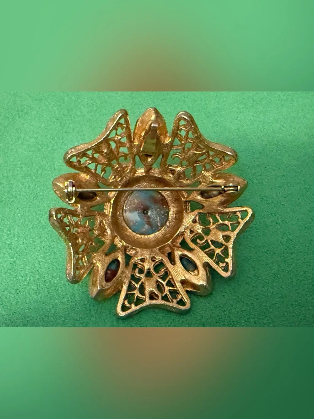 Dome Vintage Gold-Tone Filigree Brooch with Turquoise Cabochons